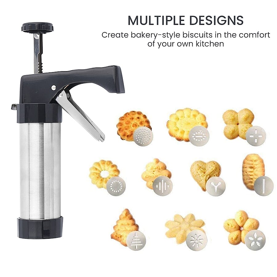 Cookie Maker with 6 Cake Piping Nozzles and 10 Biscuit Stencils in Stainless Steel (Size 22x14 Cm)