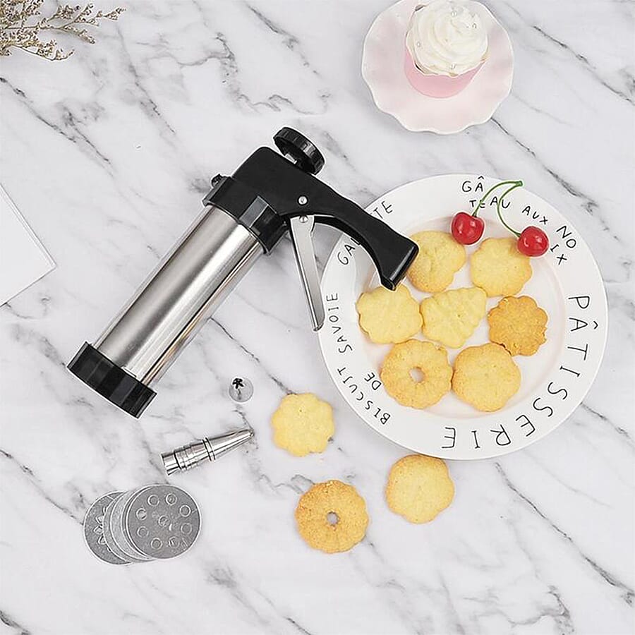 Cookie Maker with 6 Cake Piping Nozzles and 10 Biscuit Stencils in Stainless Steel (Size 22x14 Cm)