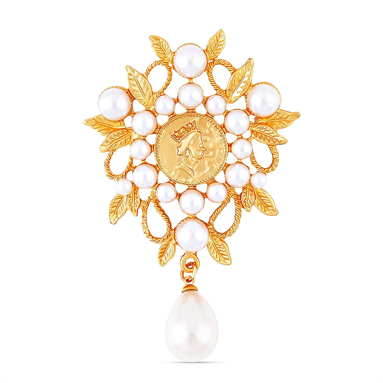 Carved Cameo Pearl Water Drop Leaf Branch Brooch in Yellow Gold Tone