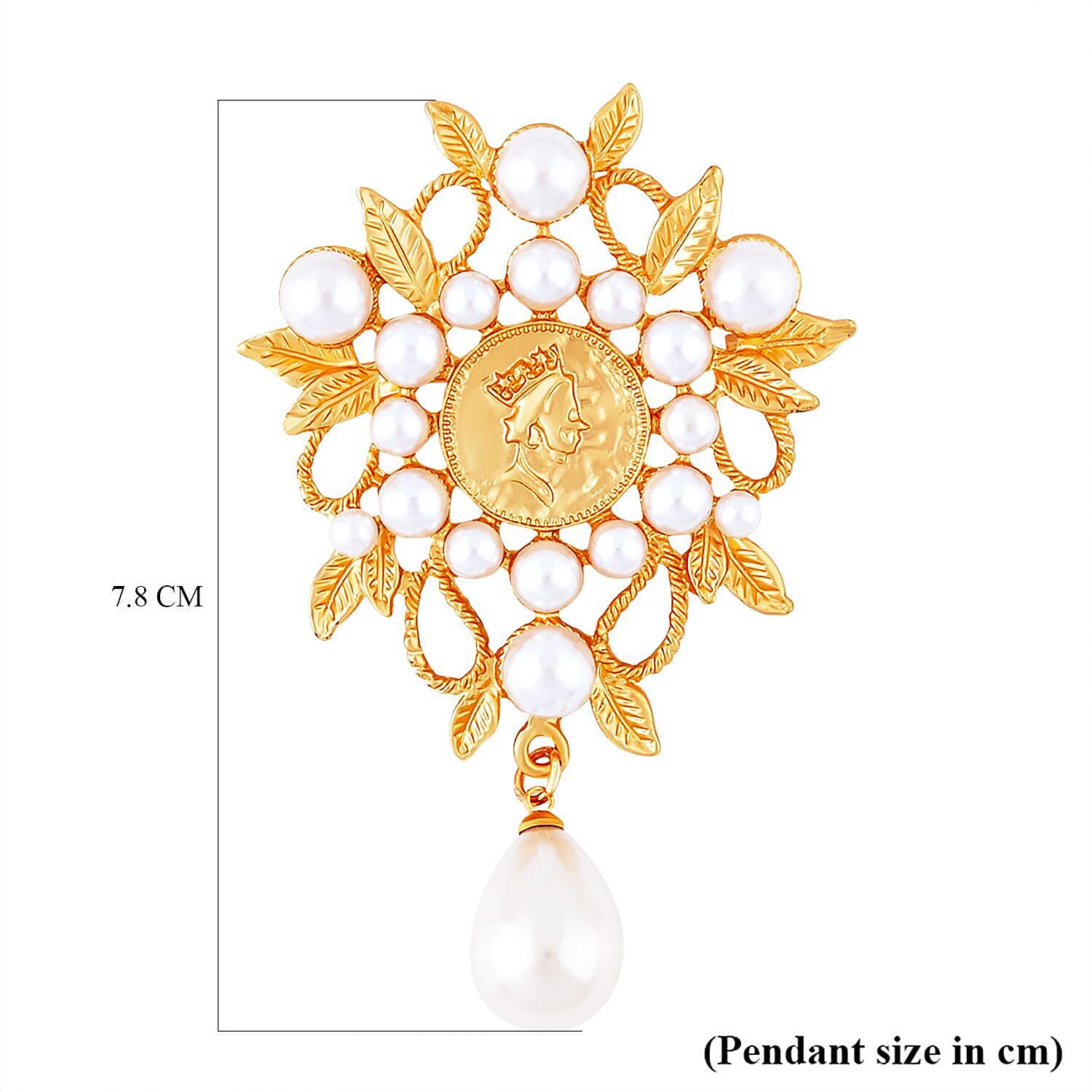 Carved Cameo Pearl Water Drop Leaf Branch Brooch in Yellow Gold Tone