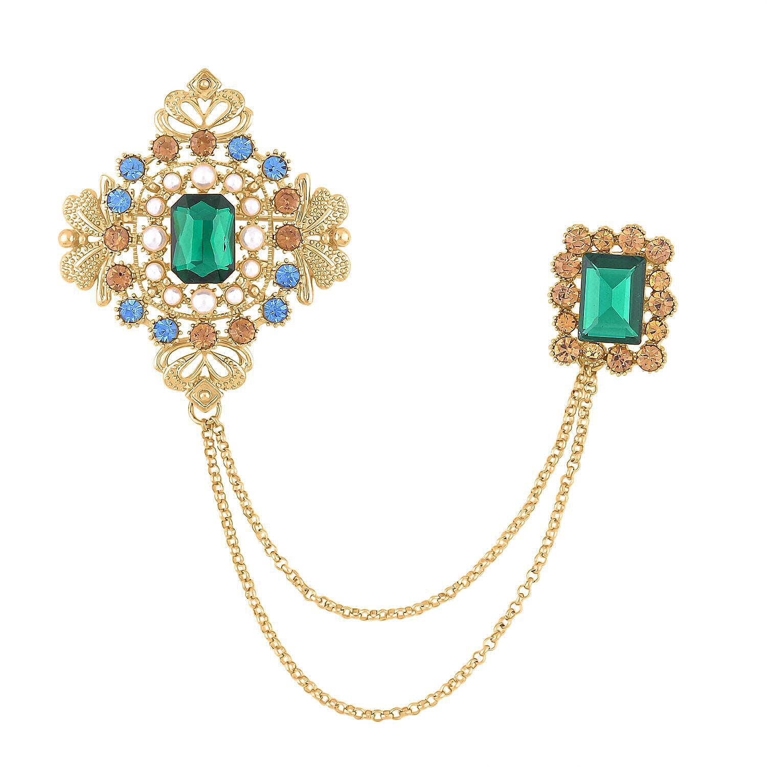 Simulated Green Sapphire, Blue Austrian Crystal, Brown Austrian Crystal and White Pearl Brooch in Yellow Gold Tone