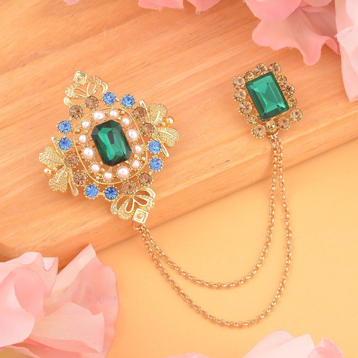 Simulated Green Sapphire, Blue Austrian Crystal, Brown Austrian Crystal and White Pearl Brooch in Yellow Gold Tone