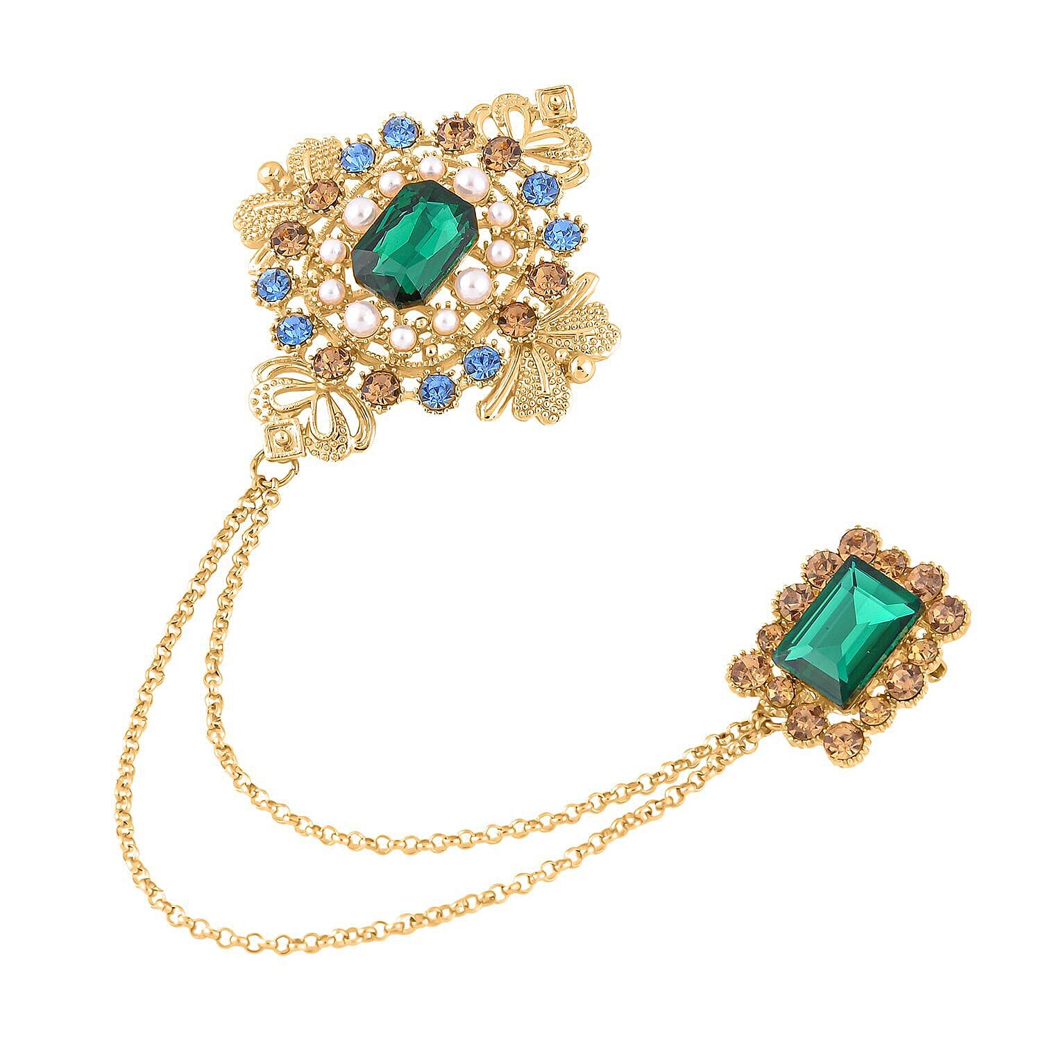 Simulated Green Sapphire, Blue Austrian Crystal, Brown Austrian Crystal and White Pearl Brooch in Yellow Gold Tone