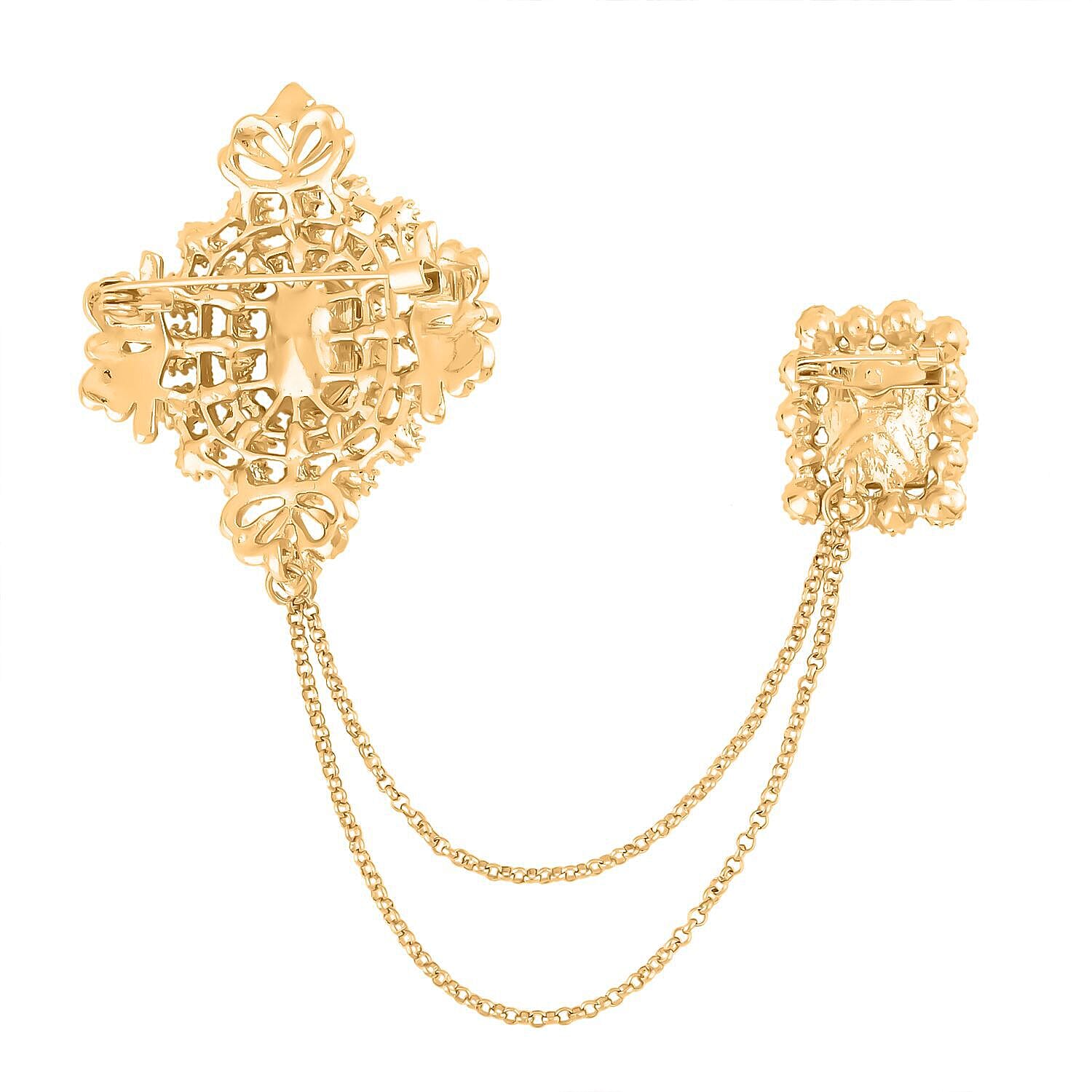 Simulated Green Sapphire, Blue Austrian Crystal, Brown Austrian Crystal and White Pearl Brooch in Yellow Gold Tone