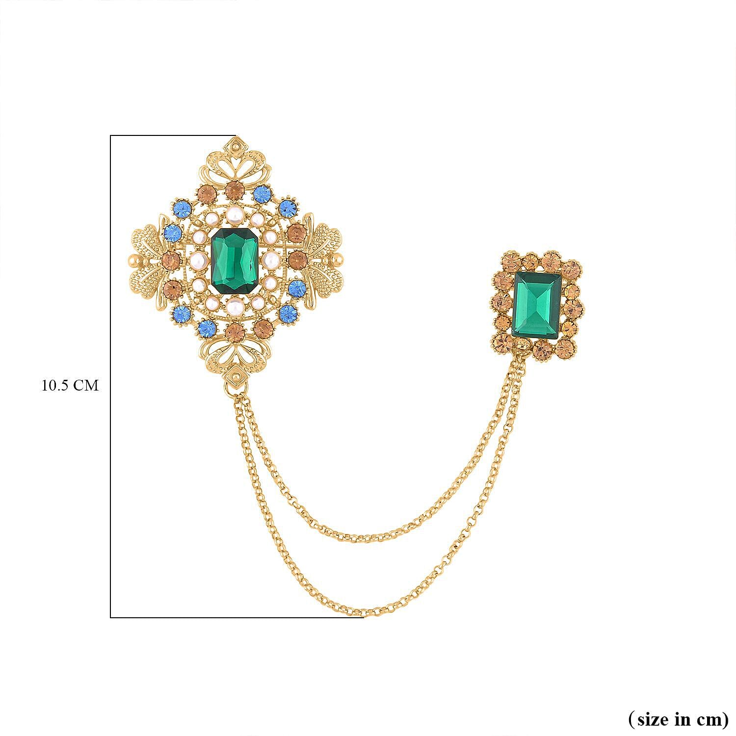 Simulated Green Sapphire, Blue Austrian Crystal, Brown Austrian Crystal and White Pearl Brooch in Yellow Gold Tone