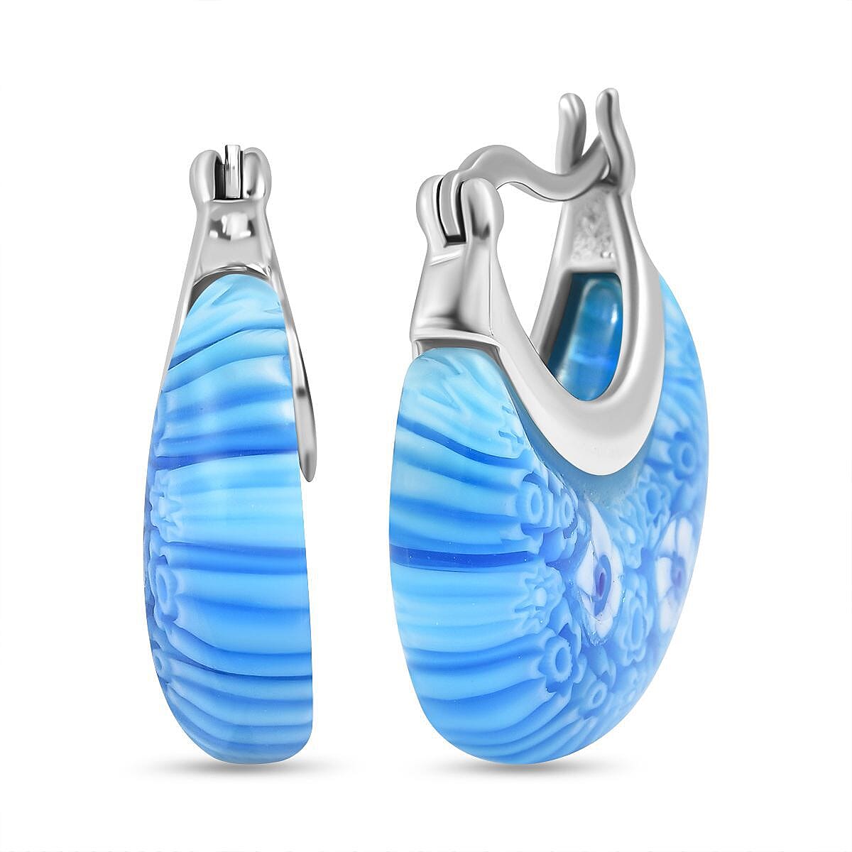 Blue Colour Murano Glass Moon Dangle Earrings in Stainless Steel 40.50 Ct.
