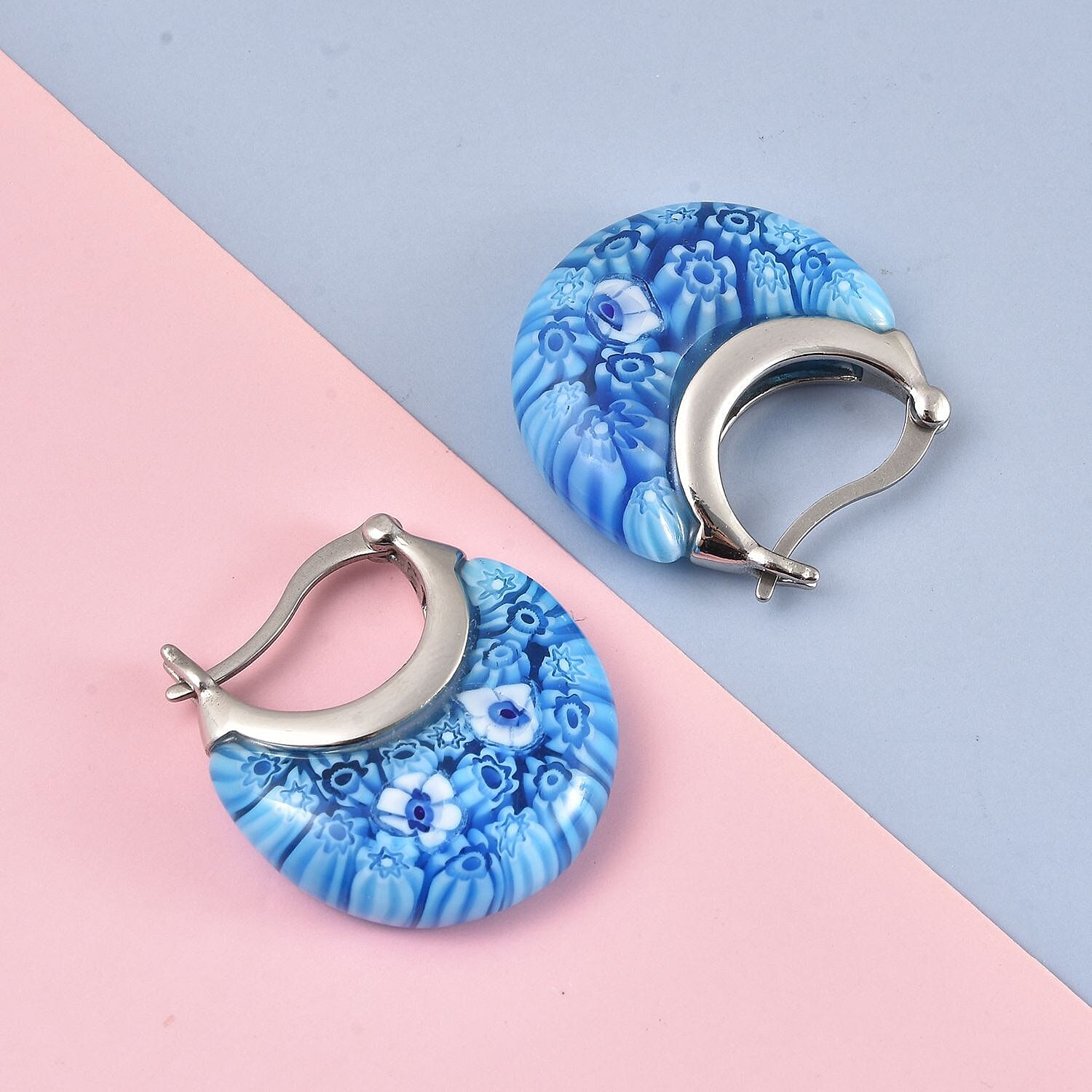 Blue Colour Murano Glass Moon Dangle Earrings in Stainless Steel 40.50 Ct.