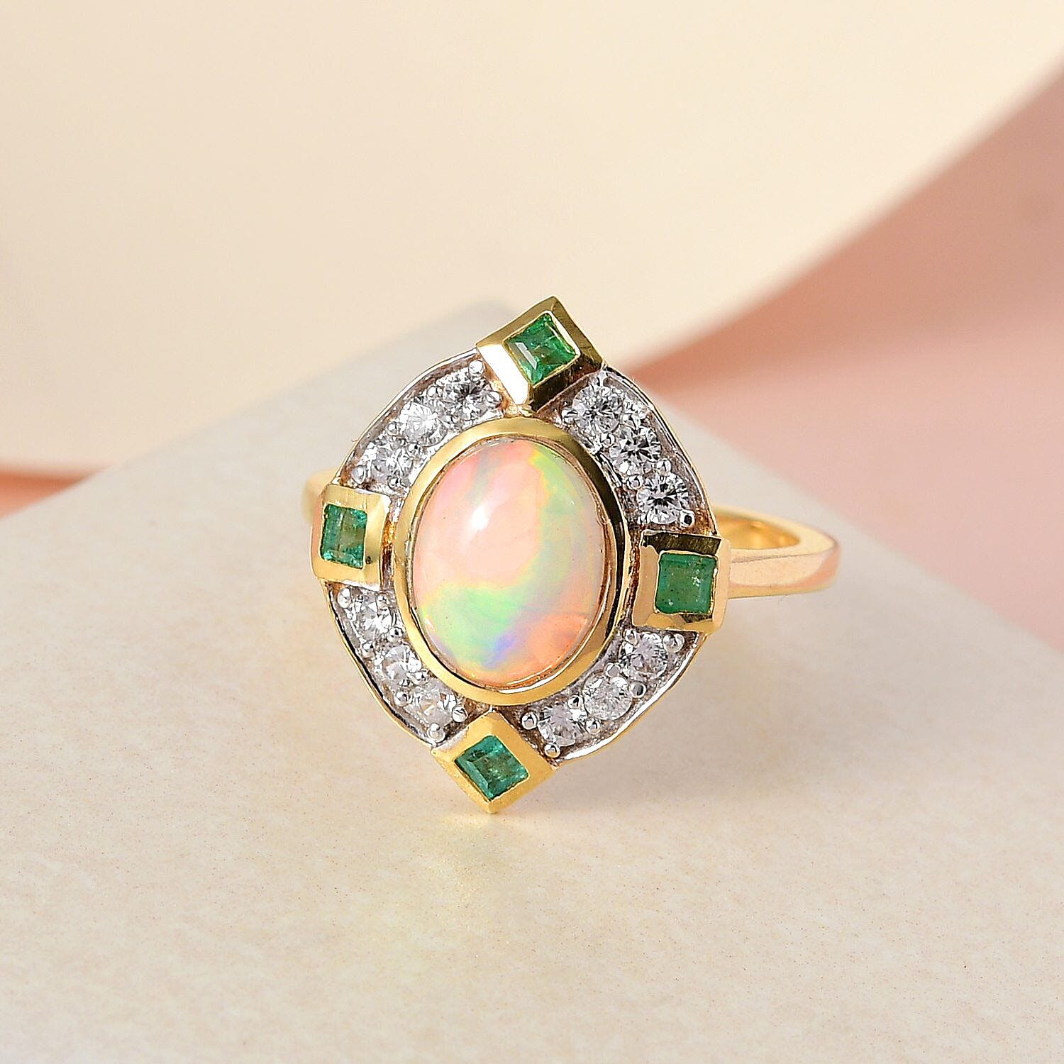 Ethiopian Welo Opal, Natural Zircon & Zambian Emerald Ring in 18K Vermeil Yellow Gold Plated Sterling Silver 1.76 Ct.