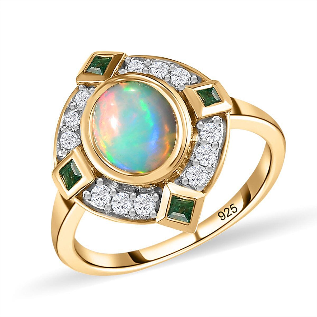 Ethiopian Welo Opal, Natural Zircon & Zambian Emerald Ring in 18K Vermeil Yellow Gold Plated Sterling Silver 1.76 Ct.