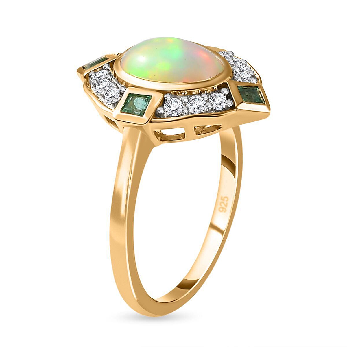 Ethiopian Welo Opal, Natural Zircon & Zambian Emerald Ring in 18K Vermeil Yellow Gold Plated Sterling Silver 1.76 Ct.