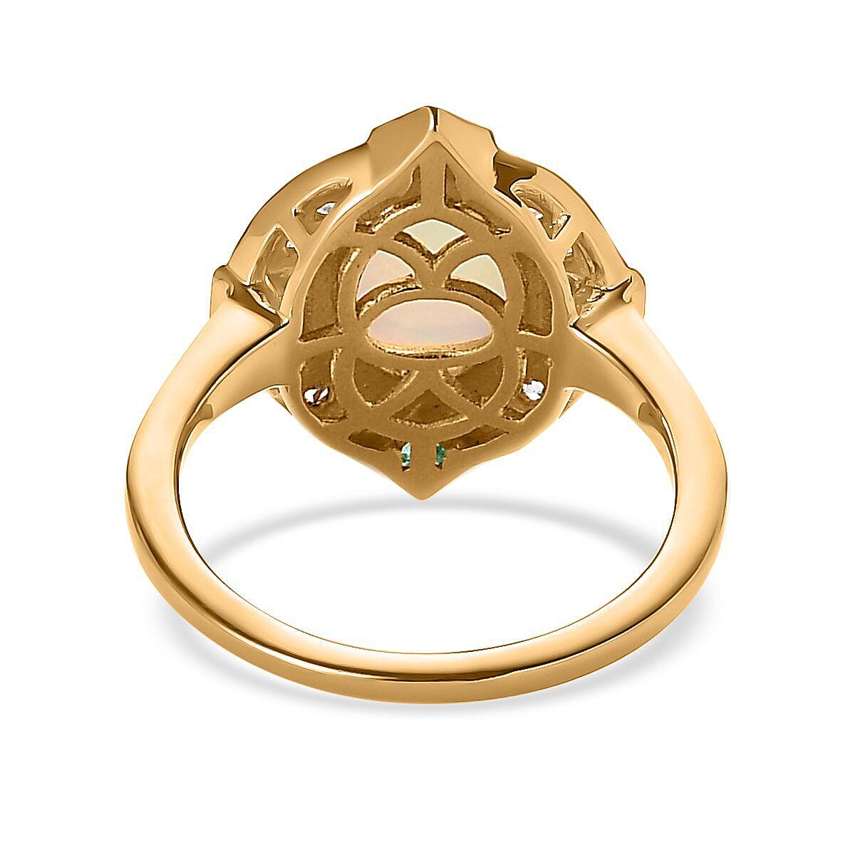 Ethiopian Welo Opal, Natural Zircon & Zambian Emerald Ring in 18K Vermeil Yellow Gold Plated Sterling Silver 1.76 Ct.