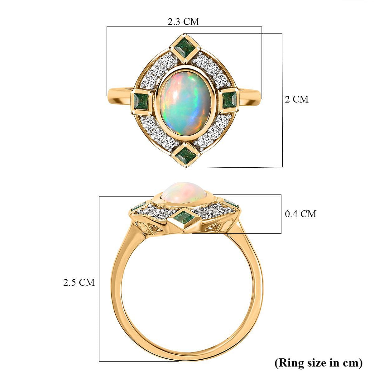 Ethiopian Welo Opal, Natural Zircon & Zambian Emerald Ring in 18K Vermeil Yellow Gold Plated Sterling Silver 1.76 Ct.