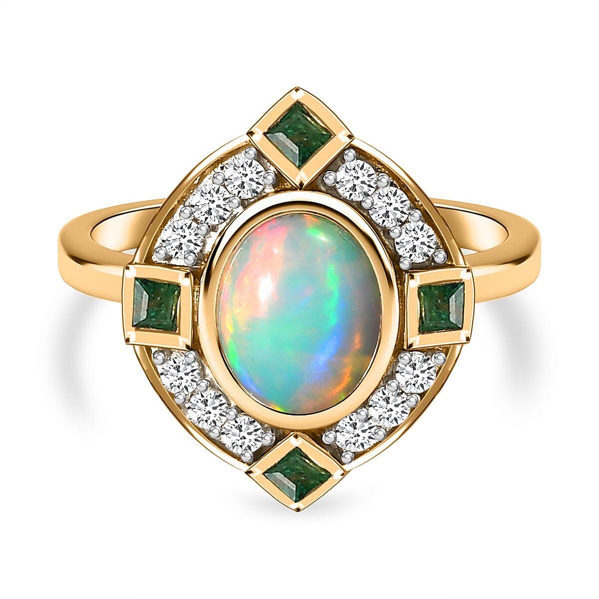 Ethiopian Welo Opal, Natural Cambodian Zircon and Zambian Emerald Ring in 18K Vermeil Yellow Gold Plated Sterling Silver 1.81 Ct.
