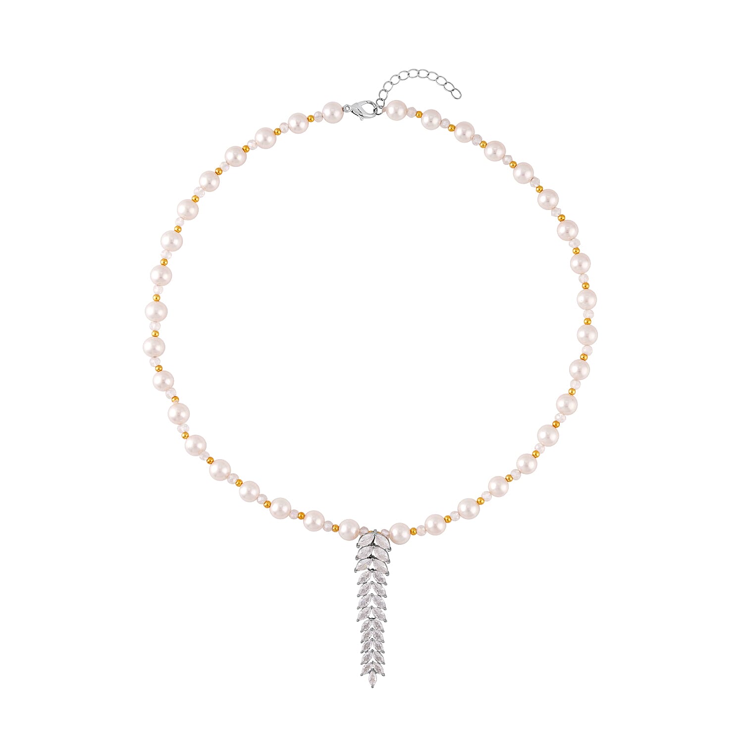 Simulated Diamond & White Shell Pearl Necklace (Size - 20-2 Inch Ext.) in Two-Tone