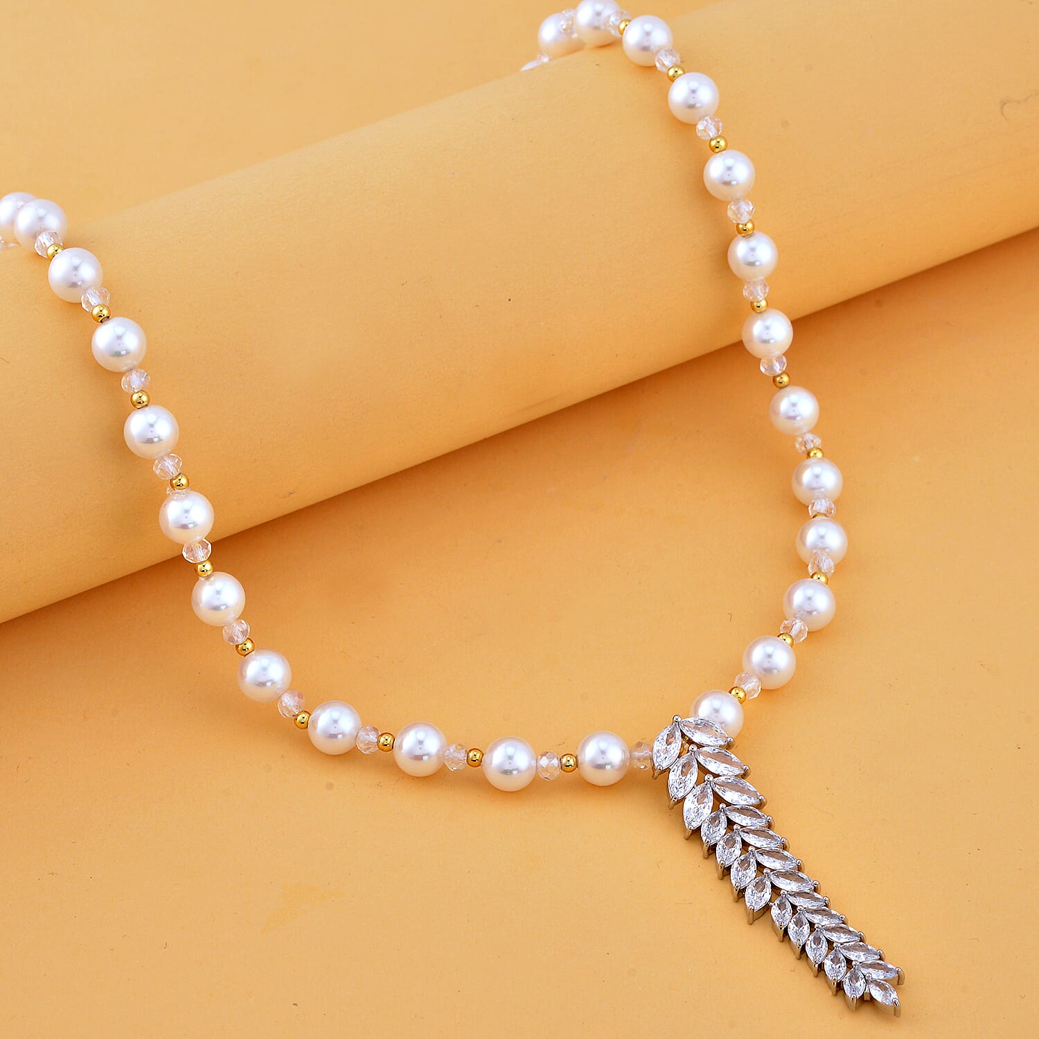Simulated Diamond & White Shell Pearl Necklace (Size - 20-2 Inch Ext.) in Two-Tone