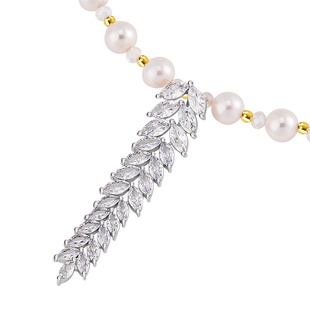 Simulated Diamond & White Shell Pearl Necklace (Size - 20-2 Inch Ext.) in Two-Tone