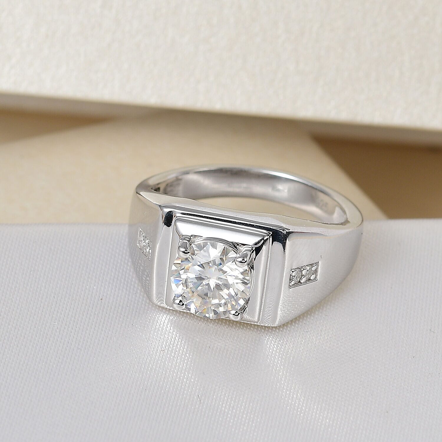 Moissanite Mens Ring in Platinum Overlay Sterling Silver 1.88 Ct,  Silver Wt. 5.90 Gms.