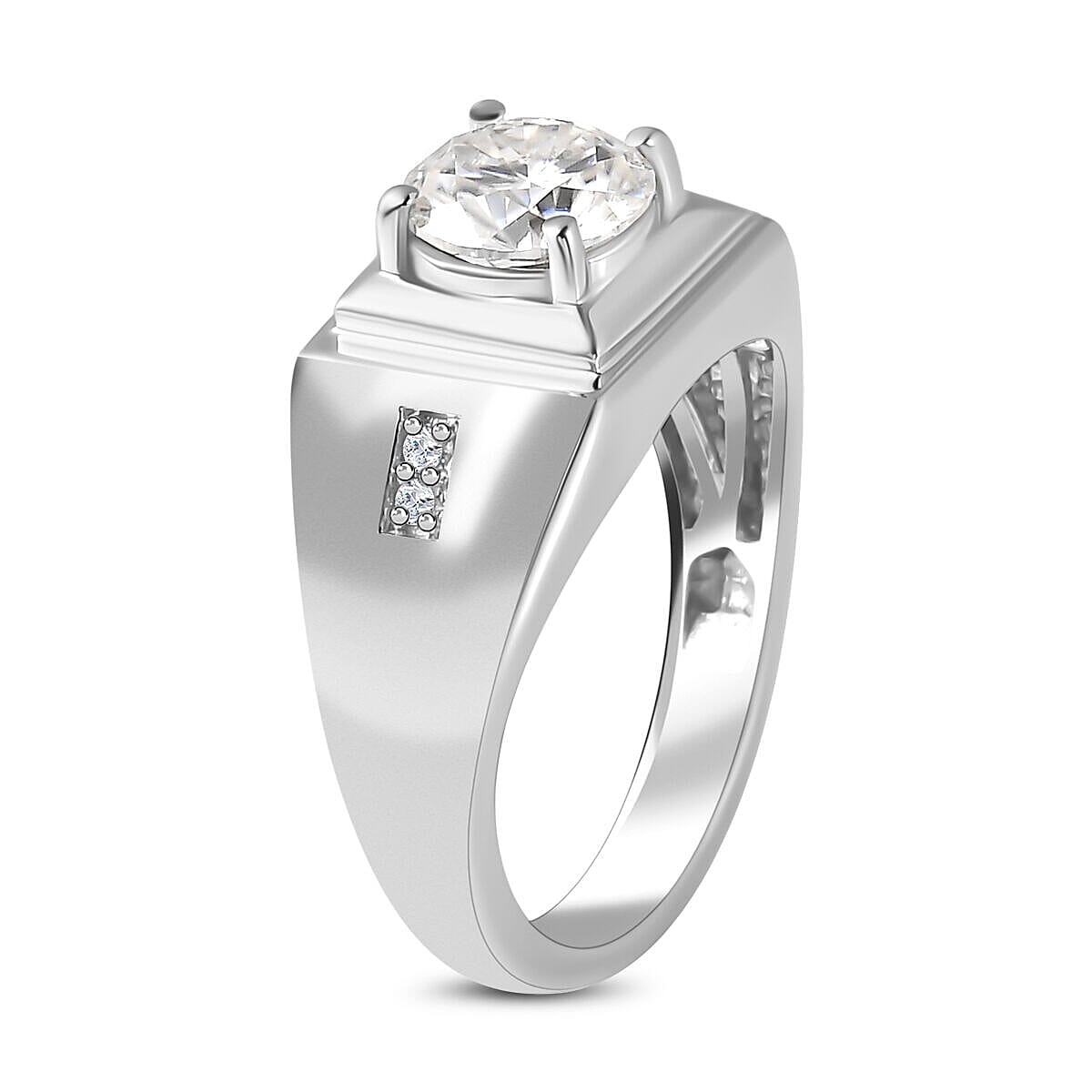 Moissanite Mens Ring in Platinum Overlay Sterling Silver 1.88 Ct,  Silver Wt. 5.90 Gms.