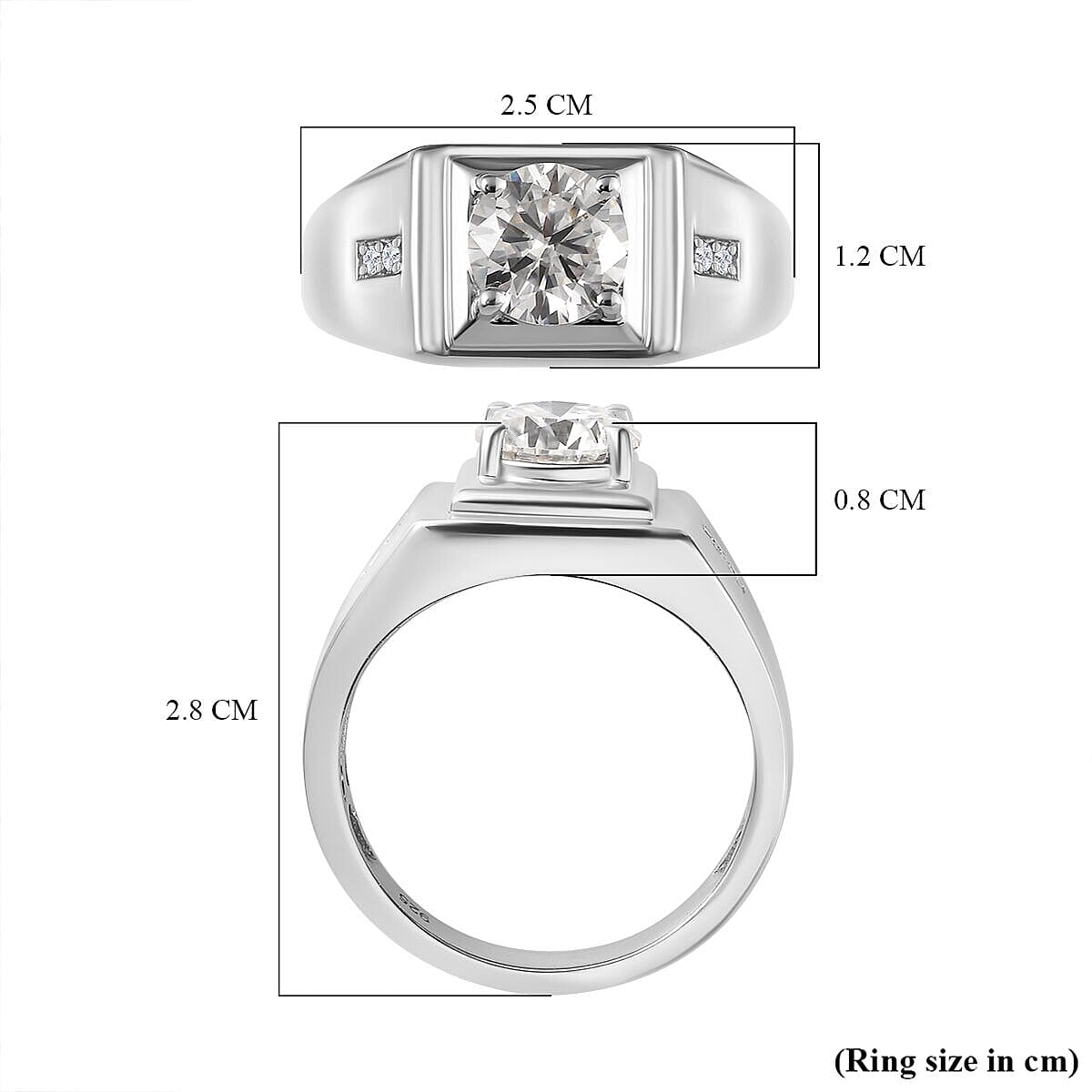 Moissanite Mens Ring in Platinum Overlay Sterling Silver 1.88 Ct,  Silver Wt. 5.90 Gms.