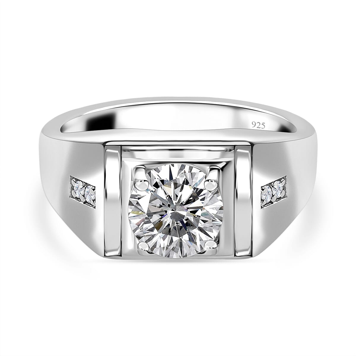 Moissanite Mens Ring in Platinum Overlay Sterling Silver 1.88 Ct,  Silver Wt. 5.90 Gms.