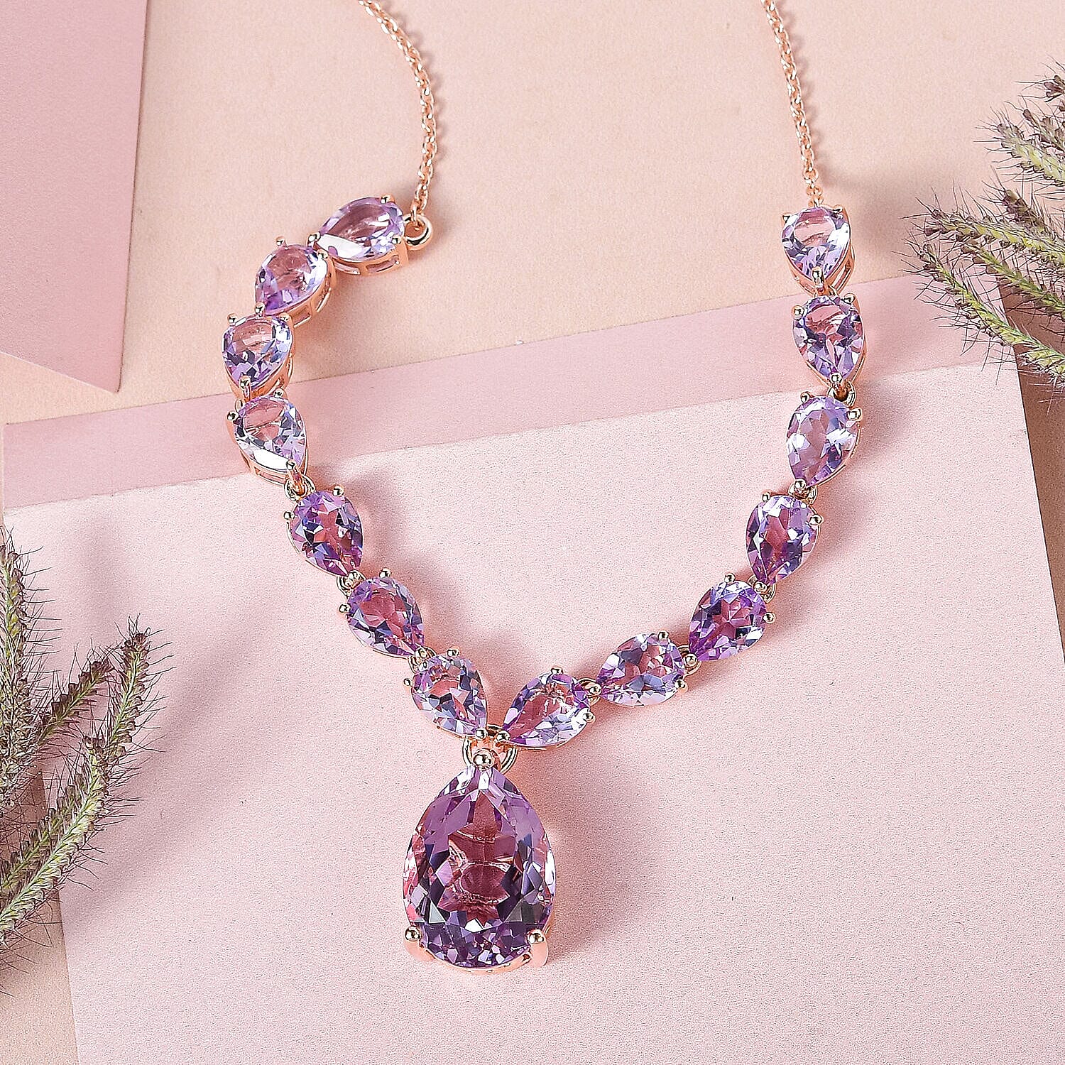 Rose De France Amethyst Necklace (Size - 20) in 18K Vermeil Rose Gold Plated Sterling Silver 25.65 Ct, Silver Wt. 9.90 Gms