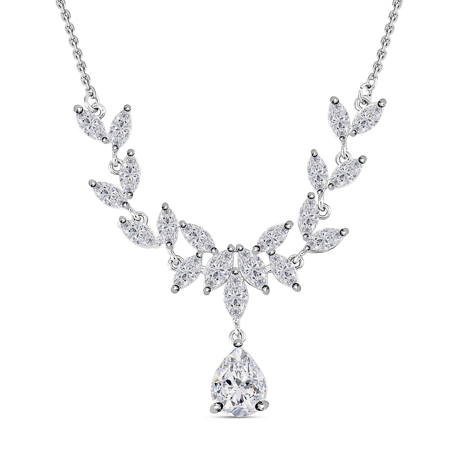 Simulated Diamond Leaf Necklace (Size - 20-1 Inch Ext.) in Silver Tone