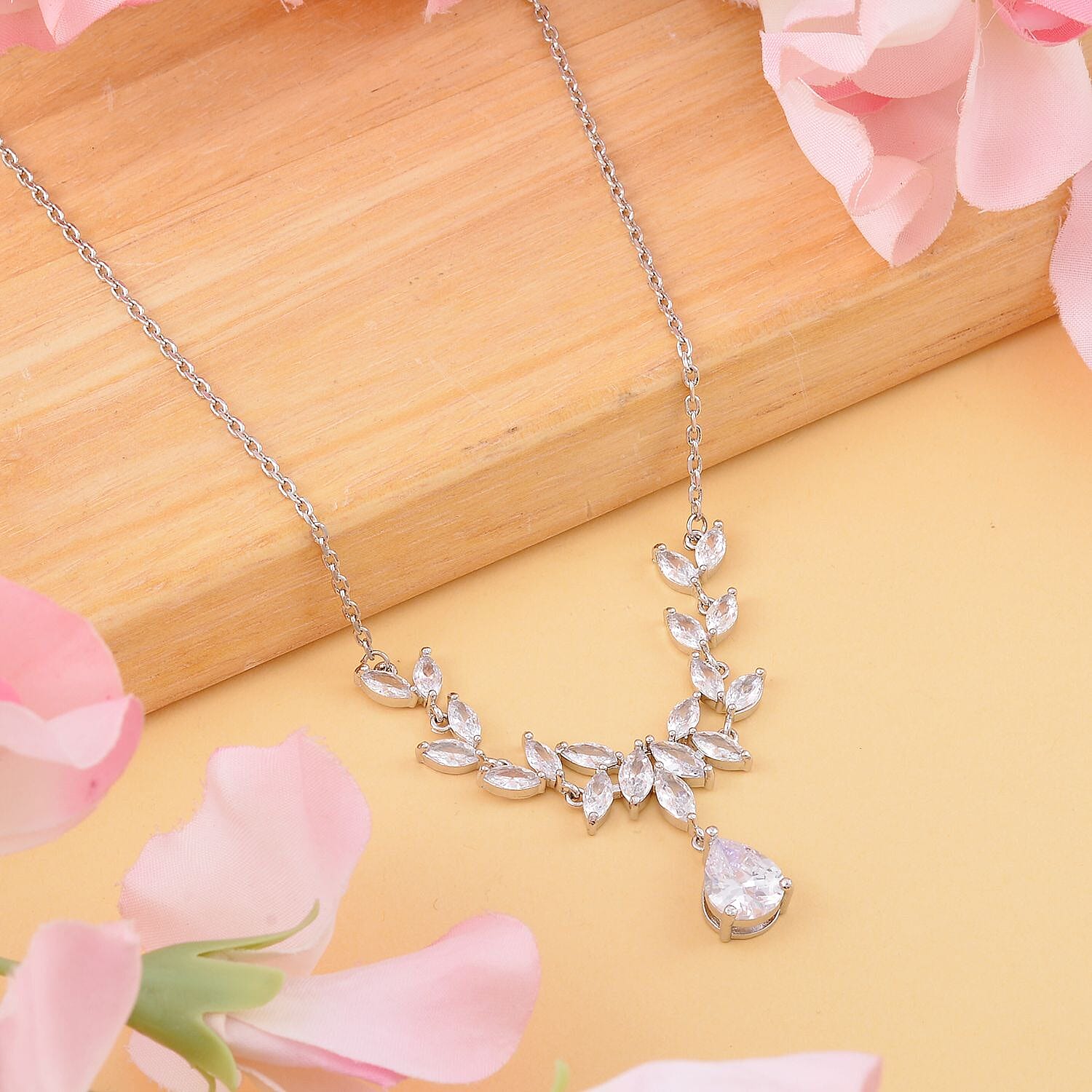 Simulated Diamond Leaf Necklace (Size - 20-1 Inch Ext.) in Silver Tone