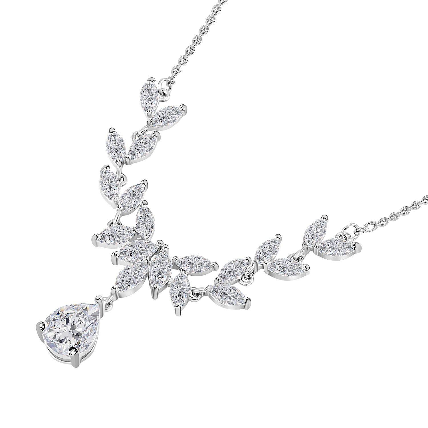 Simulated Diamond Leaf Necklace (Size - 20-1 Inch Ext.) in Silver Tone