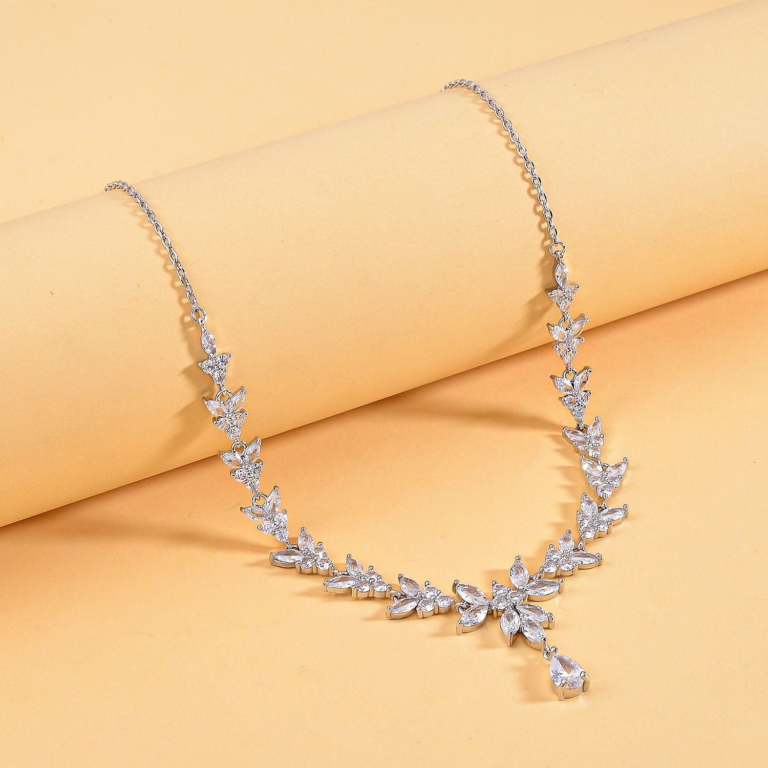 Simulated Diamond Necklace (Size - 20-2 Inch Ext.) in Silver Tone