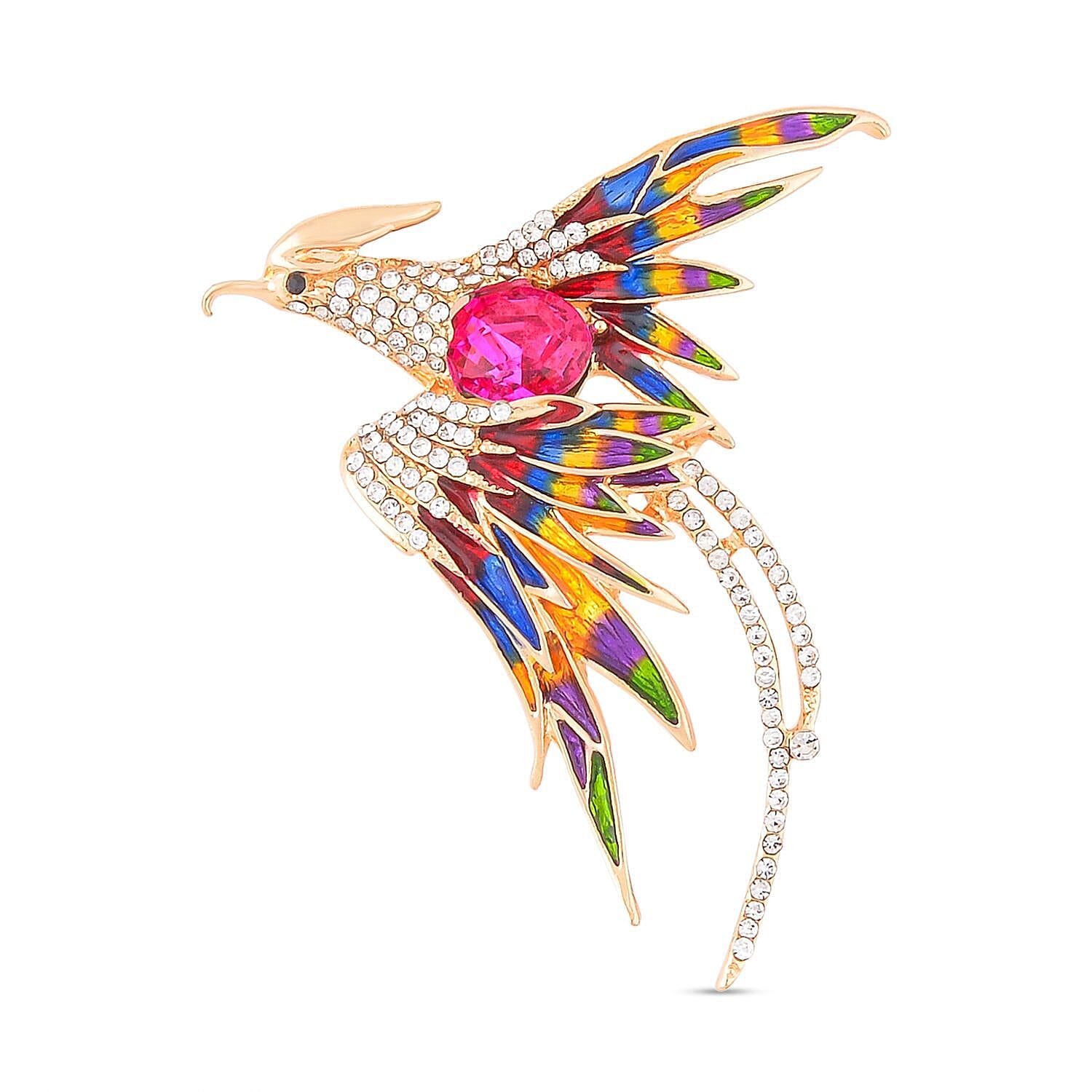 White Austrian Crystal Phoenix Bird Enamelled Brooch in Gold Tone White Austrian Crystal Phoenix Bird Enamelled Brooch in Gold Tone