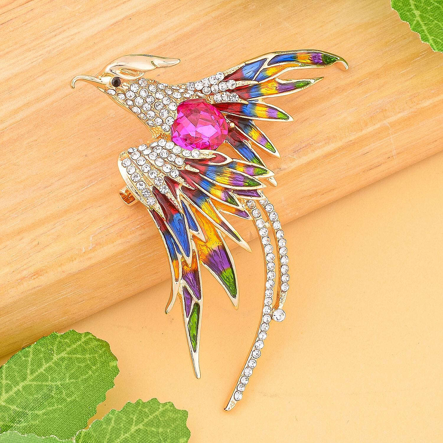White Austrian Crystal Phoenix Bird Enamelled Brooch in Gold Tone White Austrian Crystal Phoenix Bird Enamelled Brooch in Gold Tone