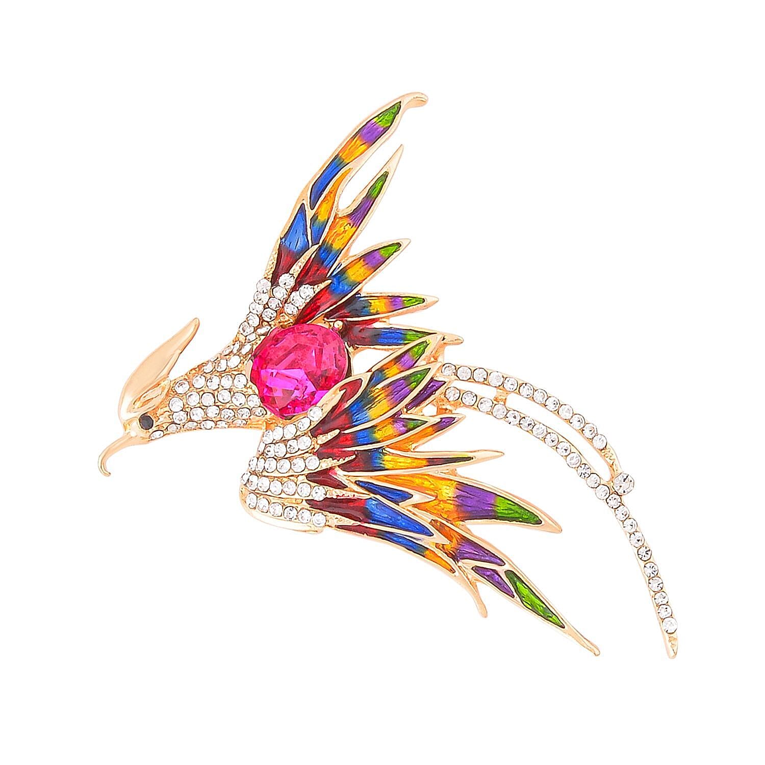 White Austrian Crystal Phoenix Bird Enamelled Brooch in Gold Tone White Austrian Crystal Phoenix Bird Enamelled Brooch in Gold Tone