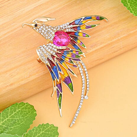 White Austrian Crystal Phoenix Bird Enamelled Brooch in Gold Tone