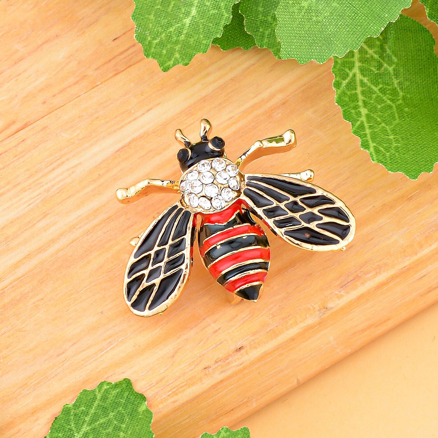Black and White Austrian Crystal Enamelled Bee Brooch in Yellow Gold Tone