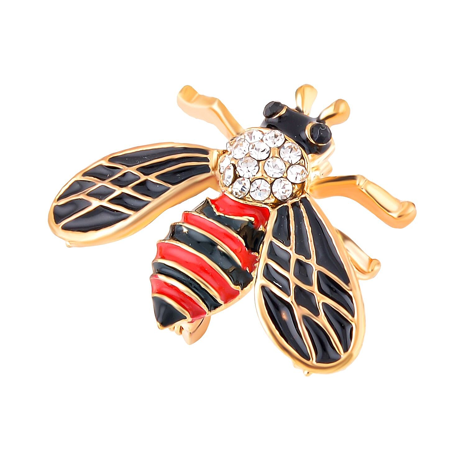 Black and White Austrian Crystal Enamelled Bee Brooch in Yellow Gold Tone