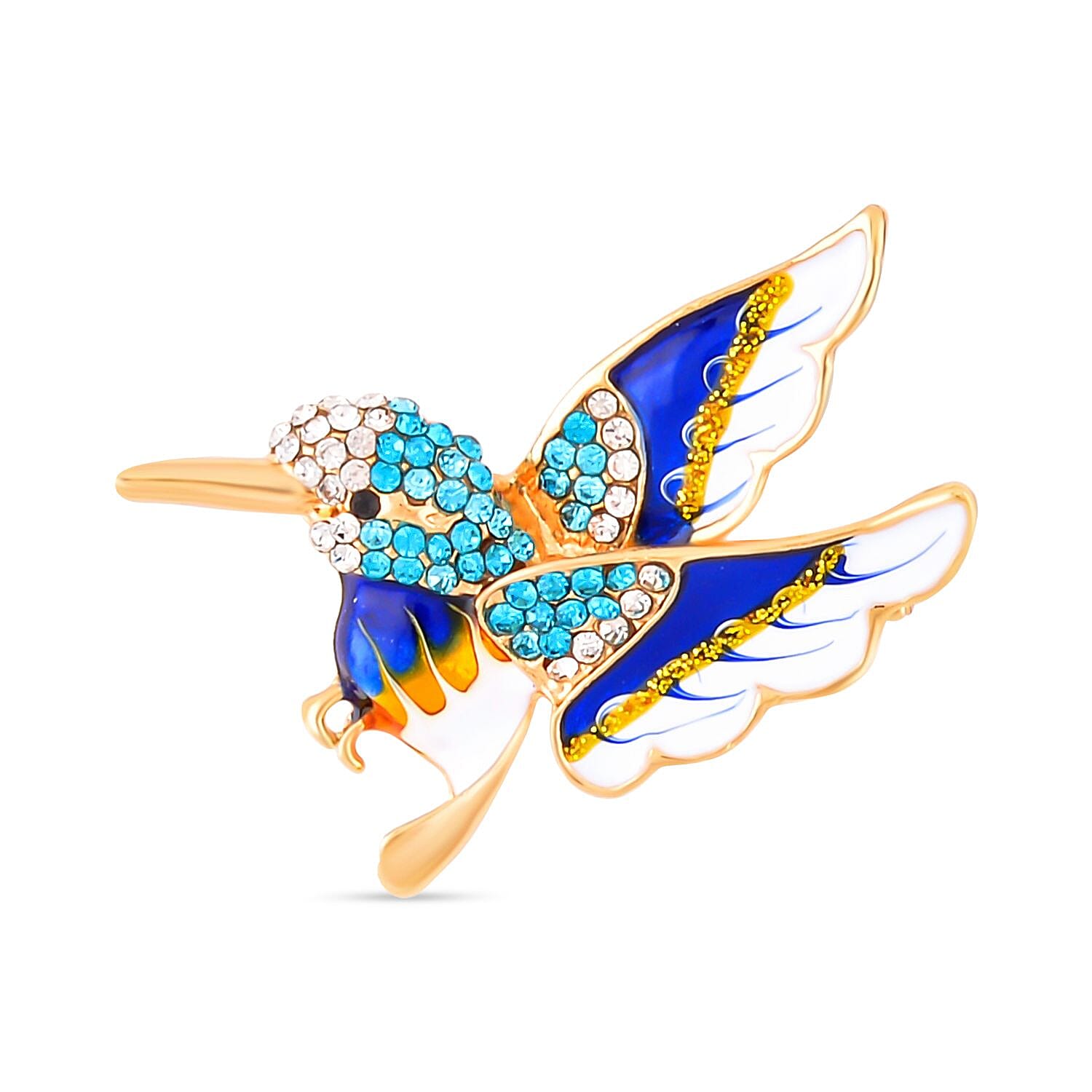 Multi Colour Austrian Crystal Enamelled Kingfisher Bird Brooch in Yellow Gold Tone