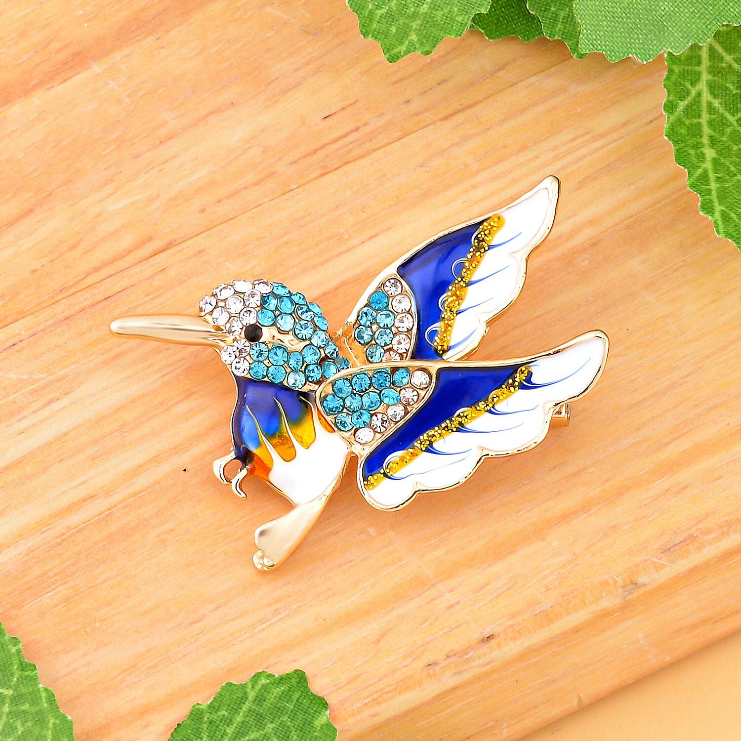 Multi Colour Austrian Crystal Enamelled Kingfisher Bird Brooch in Yellow Gold Tone