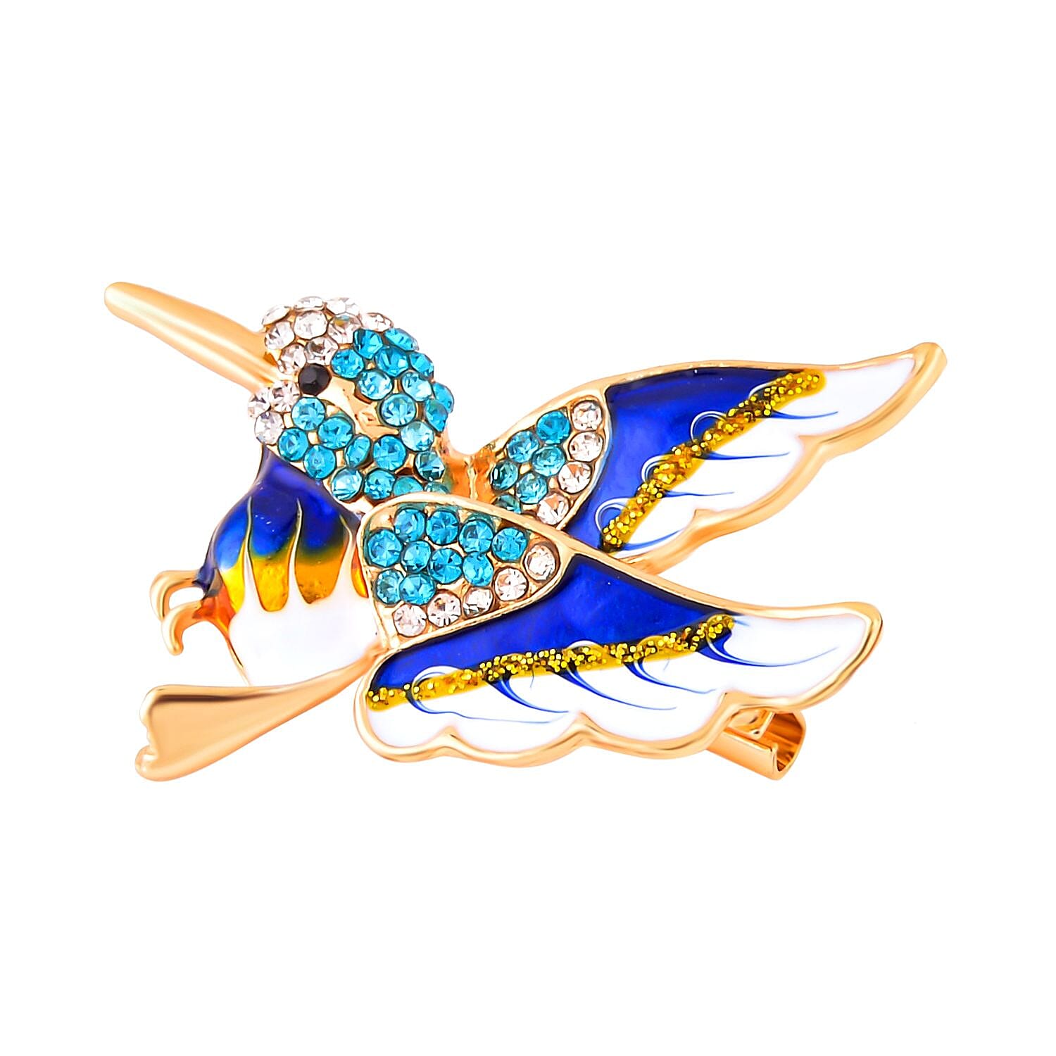 Multi Colour Austrian Crystal Enamelled Kingfisher Bird Brooch in Yellow Gold Tone