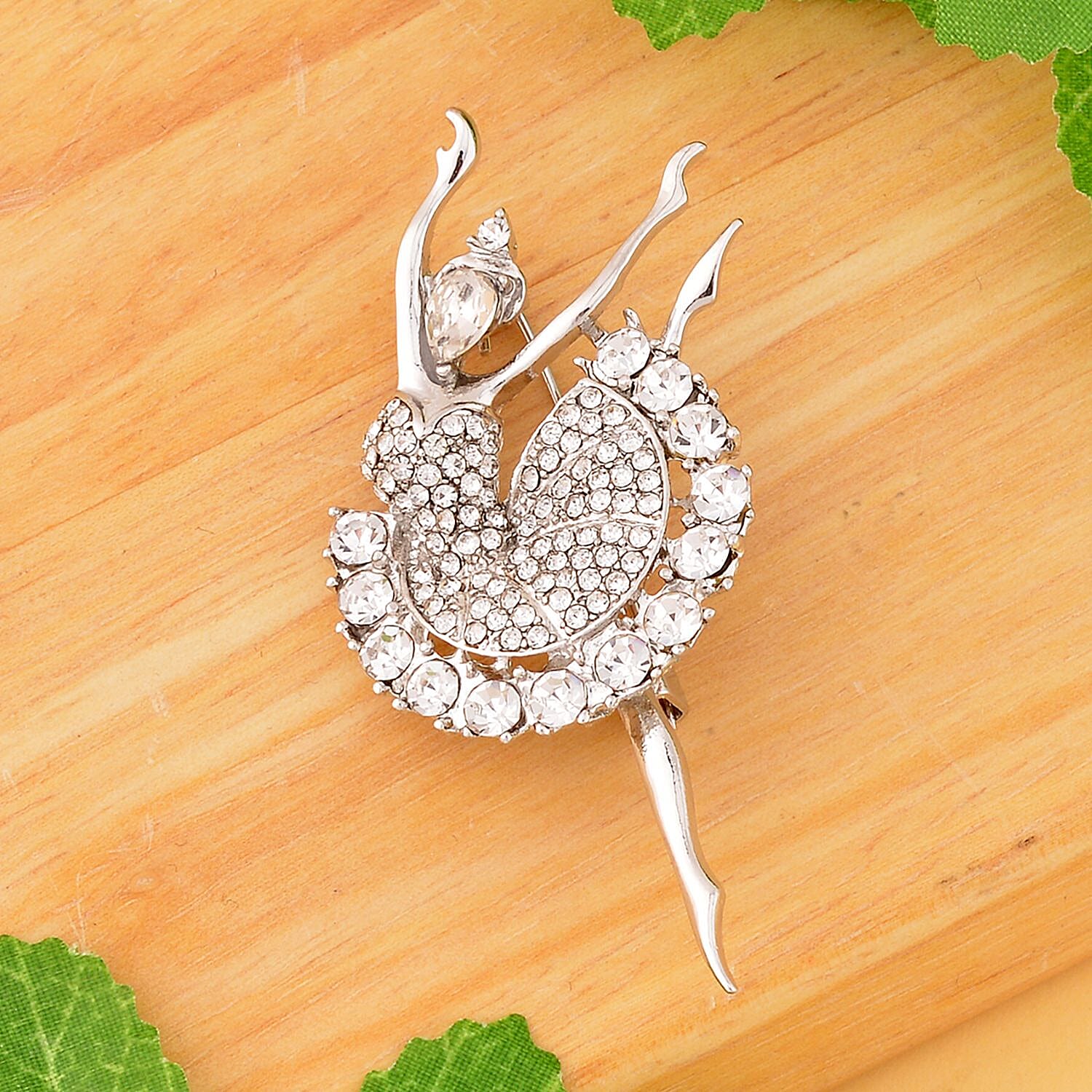 Austrian Crystal Enamelled Ballerina Brooch in Silver Tone