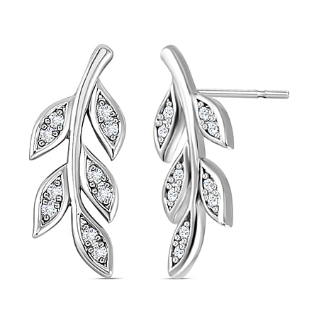 Simulated Diamond Leaf Earrings in Silver Tone