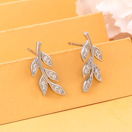 Simulated Diamond Leaf Earrings in Silver Tone