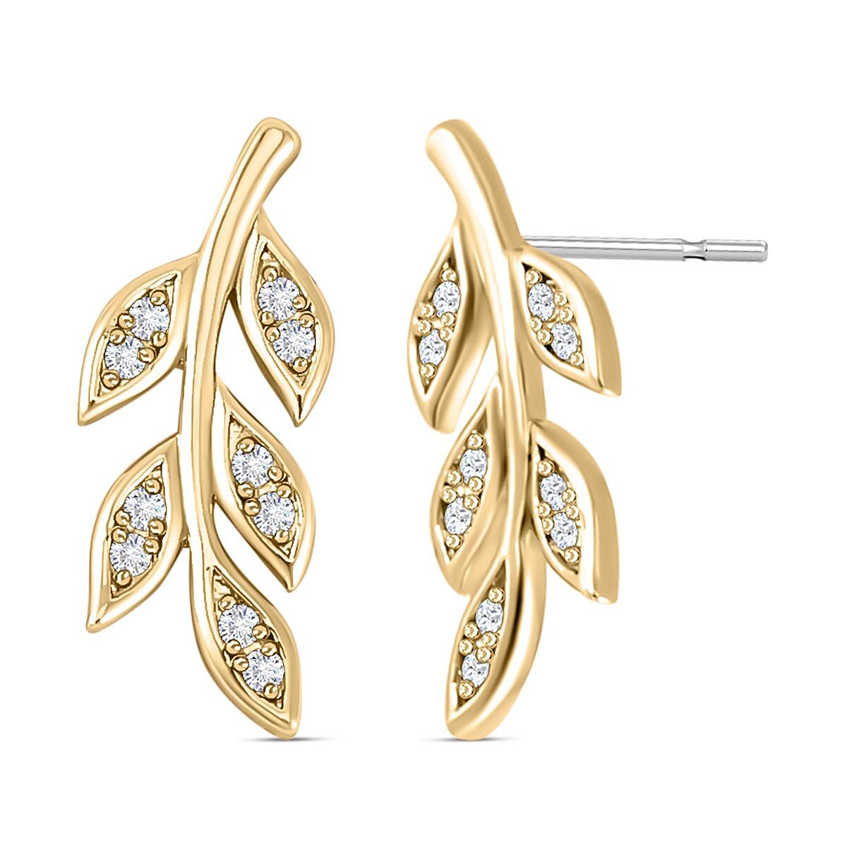 Simulated Diamond Leaf Earrings (with Push Back) in Yellow Gold Tone