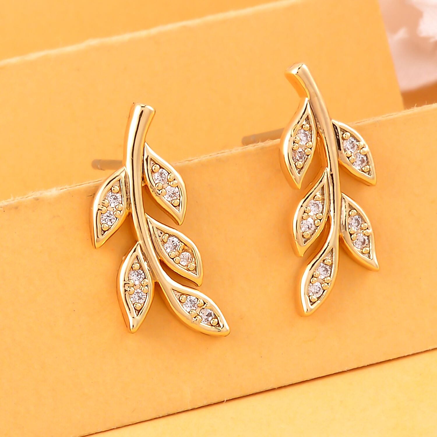 Simulated Diamond Leaf Earrings (with Push Back) in Yellow Gold Tone