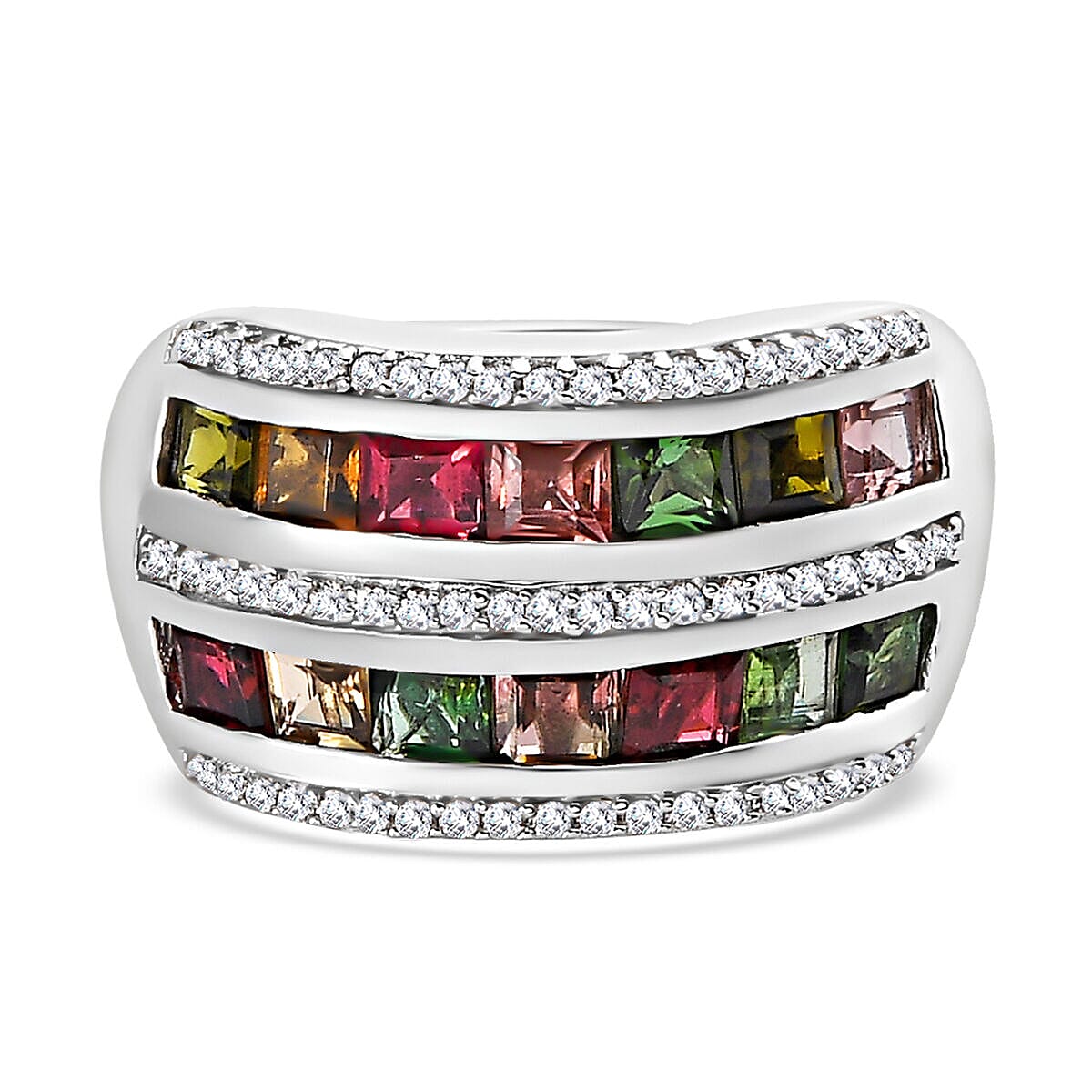 Multi-Tourmaline and Natural Zircon Band Ring in Platinum Overlay Sterling Silver 2.62 Ct.