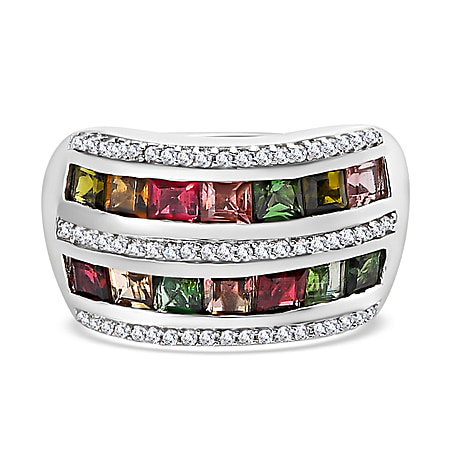 Multi-Tourmaline and Natural Zircon Wedding Band Ring in Platinum Overlay Sterling Silver 2.614 Ct.