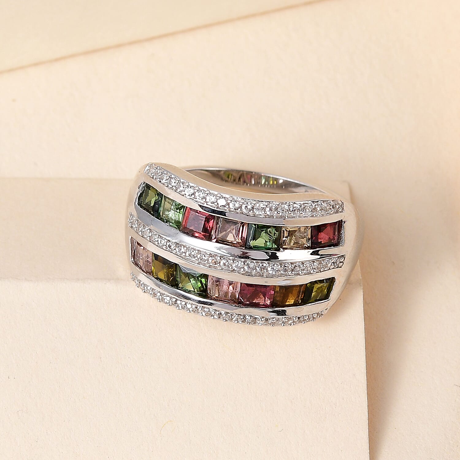 Multi-Tourmaline and Natural Zircon Band Ring in Platinum Overlay Sterling Silver 2.62 Ct.