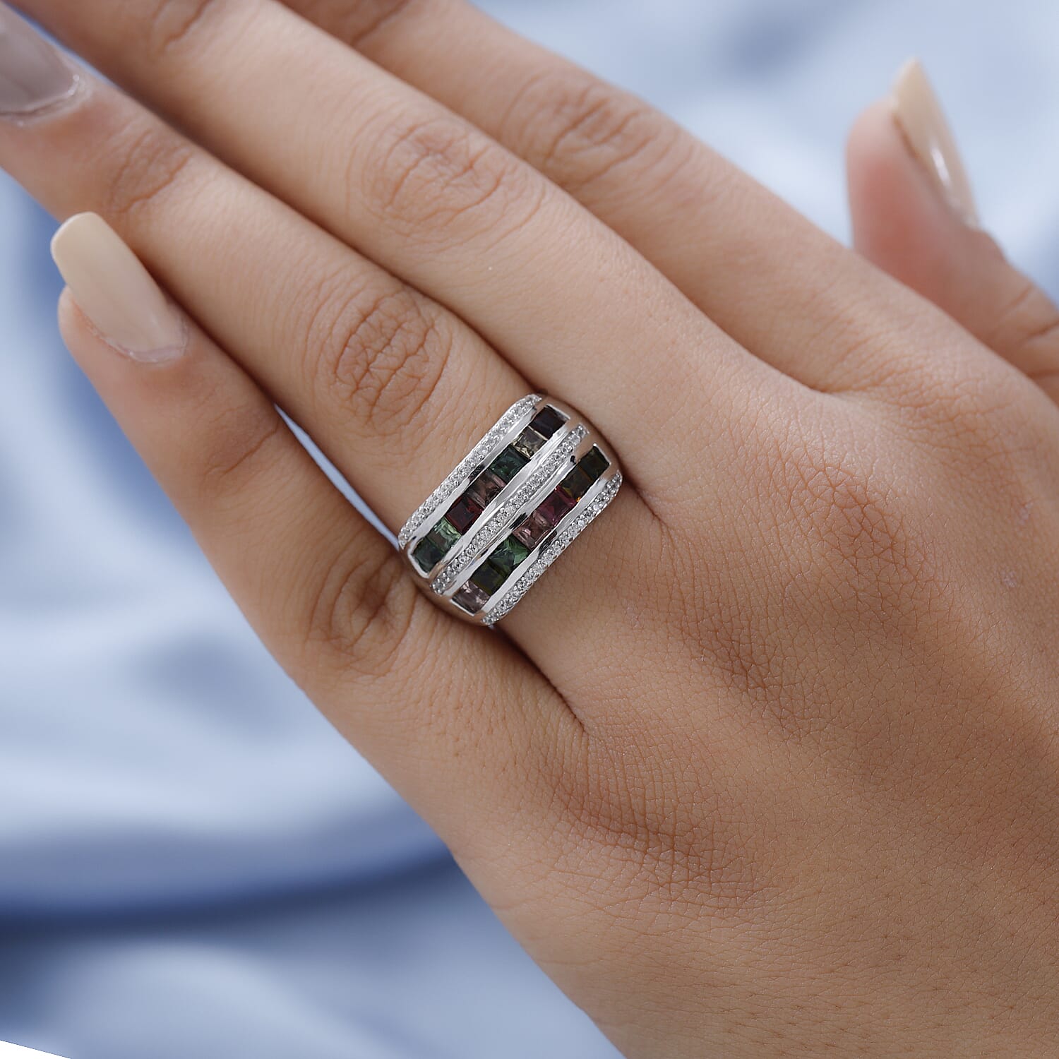 Multi-Tourmaline and Natural Zircon Band Ring in Platinum Overlay Sterling Silver 2.62 Ct.
