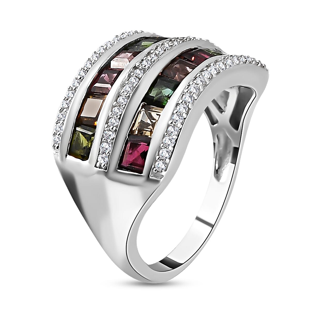 Multi-Tourmaline and Natural Zircon Band Ring in Platinum Overlay Sterling Silver 2.62 Ct.