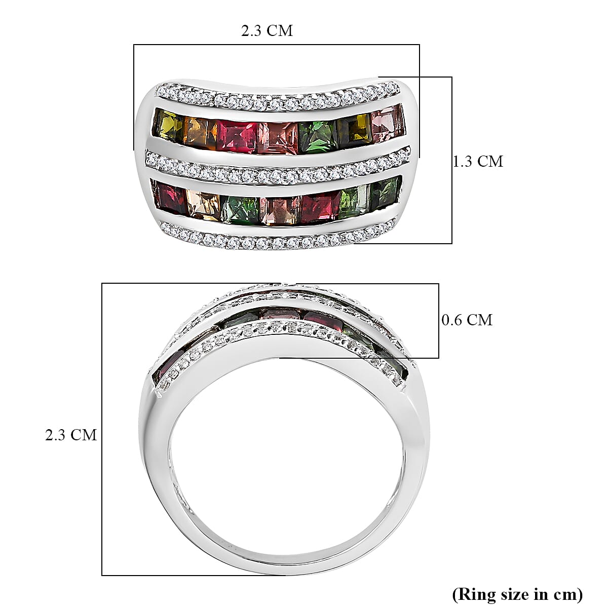 Multi-Tourmaline and Natural Zircon Band Ring in Platinum Overlay Sterling Silver 2.62 Ct.