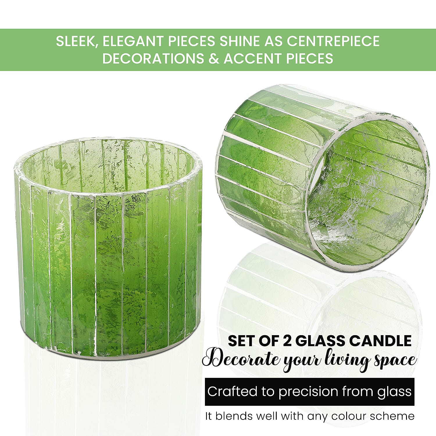 Set of 2 - Glass Candle Votives (Size 7cm) - Green